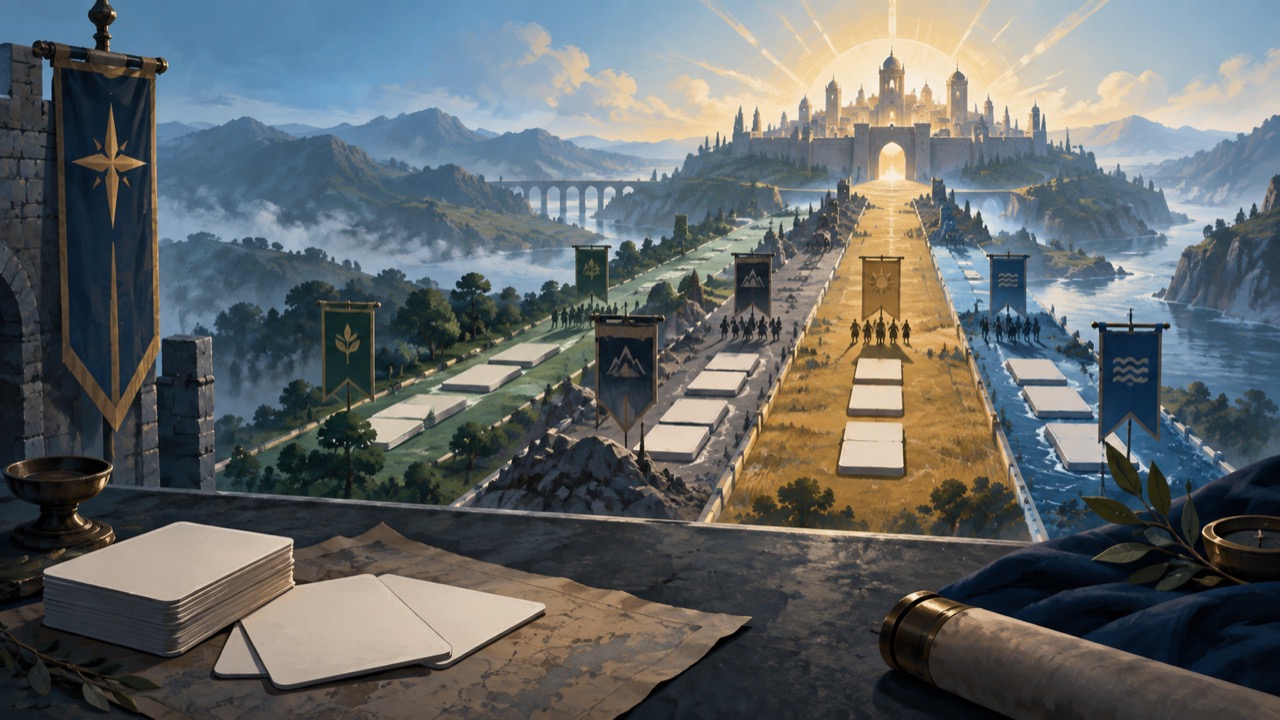 Conceptual four-lane approach to a fortified city, not official game imagery